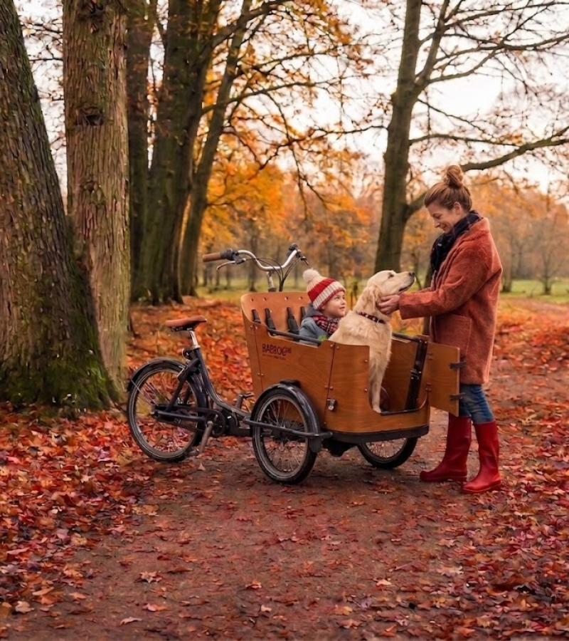 Dreirädriges Babboe Lastenrad mit geöffneter Fronttür, in dem ein Kind und ein Hund sitzen, während die Frau daneben steht.