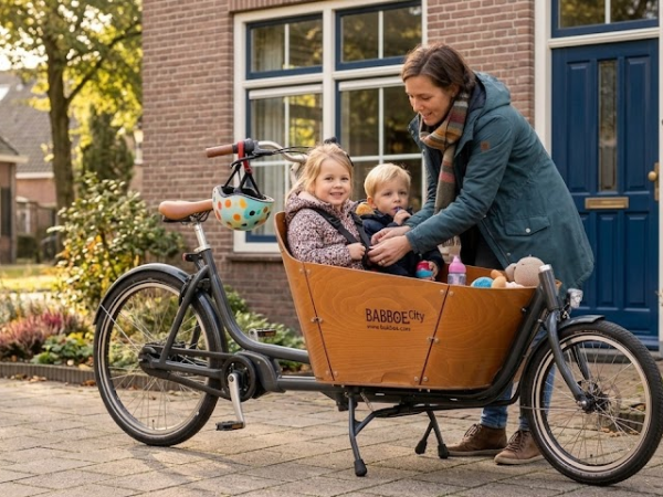 Mutter fährt mit Kind in einem dreirädrigen Babboe-Lastenrad durch einen Park
