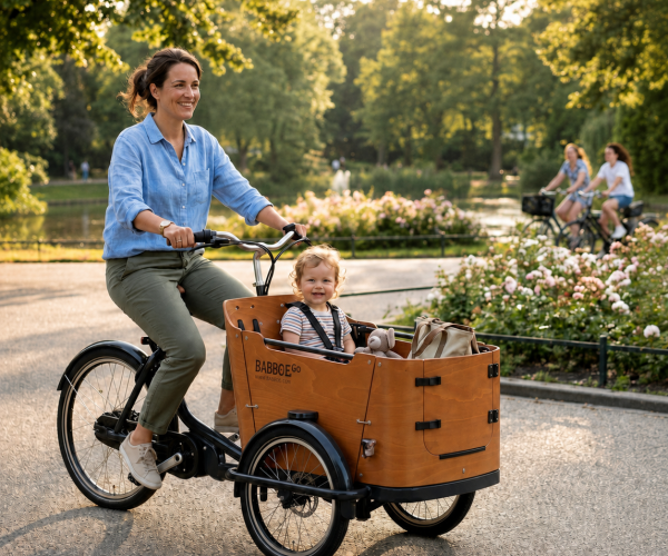 Mutter fährt mit Kind in einem dreirädrigen Babboe-Lastenrad durch einen Park