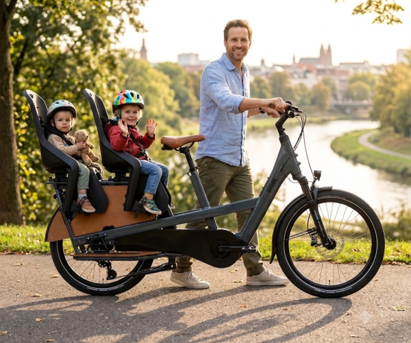 Vater mit zwei Kindern auf einem Babboe Belong Longtail-Lastenrad