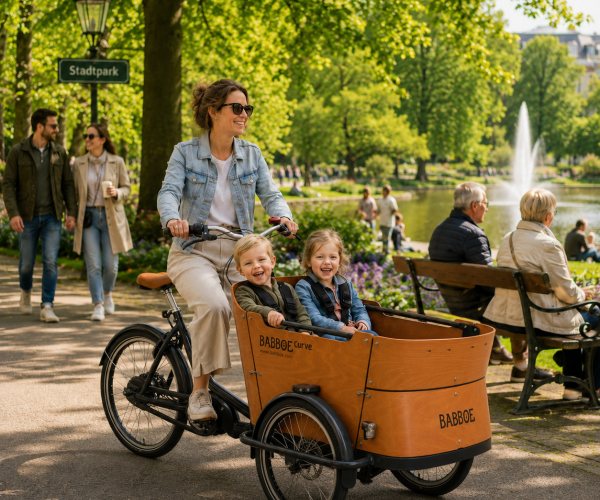Babboe Curve Lastenrad mit zwei Kindern und Mutter im Stadtpark