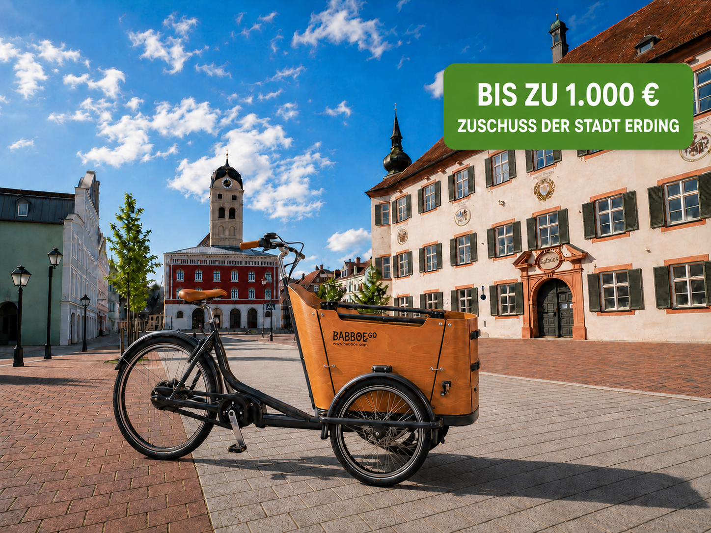 Babboe Dreirad-Lastenrad vor dem Rathaus in Erding – bis zu 1.000 € Zuschuss der Stadt Erding